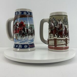 Budweiser Clydesdales Holiday‎ Collectible Beer Stein Lot Of 2 Handcrafted
